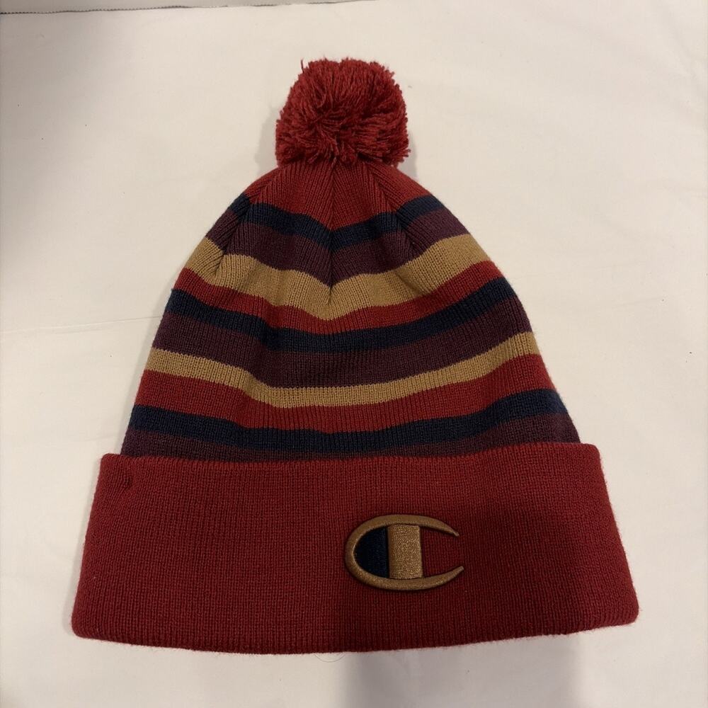 Champion Striped Pom-Pom Beanie Burgundy blue tan One Size